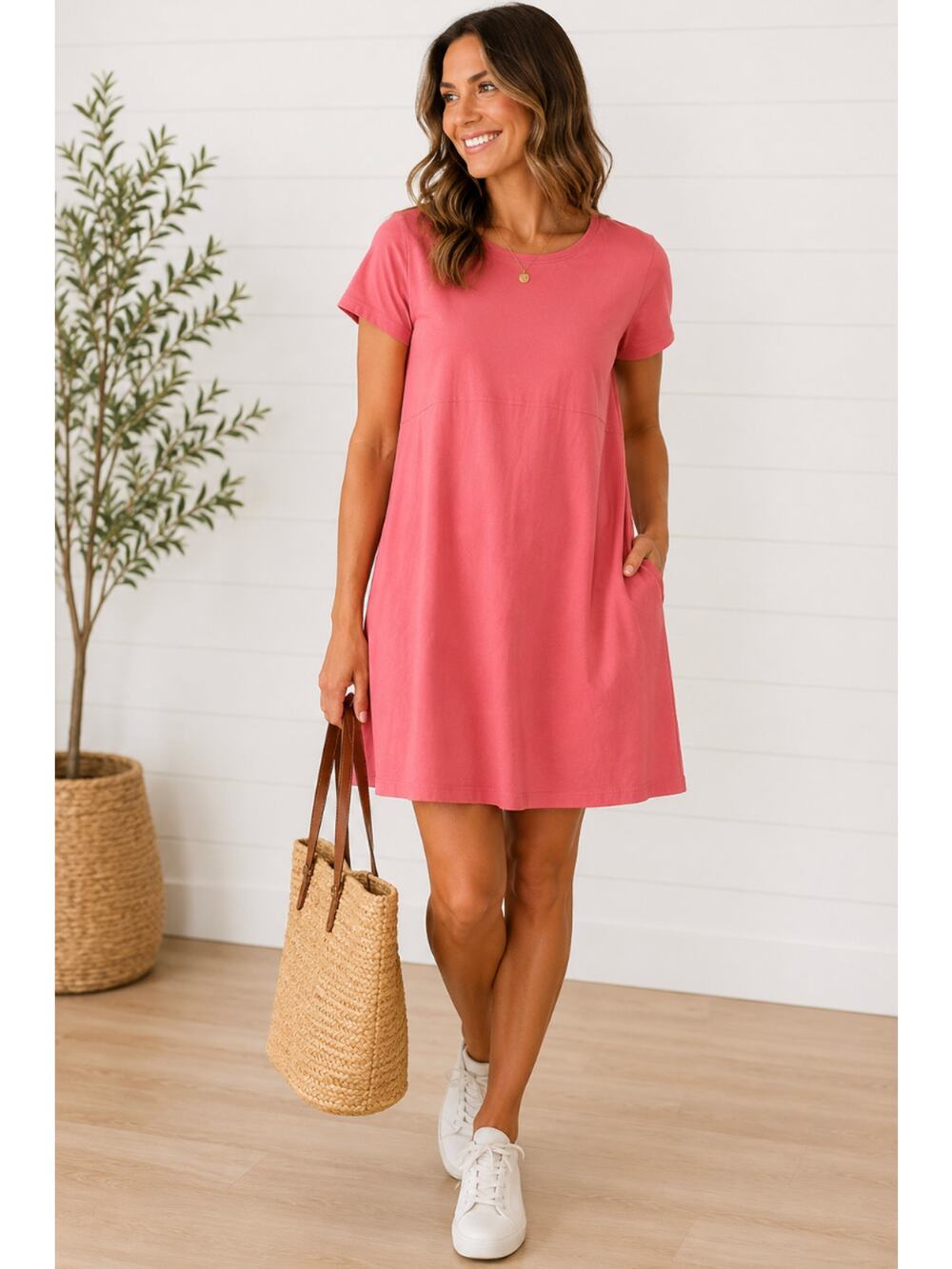 L.L. Bean Womens Easy Cotton Shift Dress Size PM Medium Pink Coral Short Sleeve